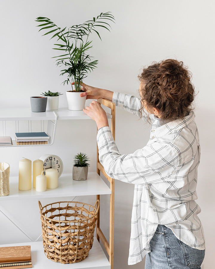 Mujer decora una estantería con una planta artificial de interior.